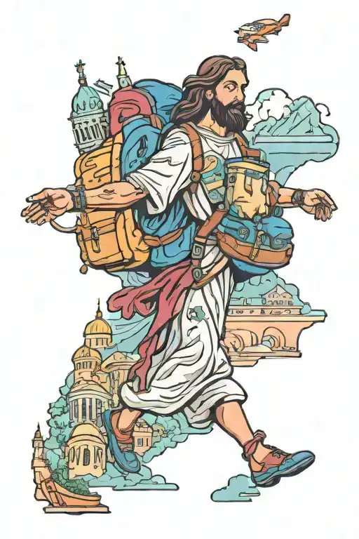 A colorful tattoo of Jesus carrying a backpack and exploring famous landmarks from different countries tattoo design idea