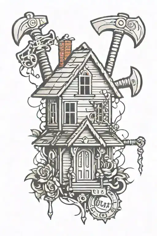 good and bad in the world and my company logo with is a house made out of a hammer and nail and it says Ctr  tattoo design idea