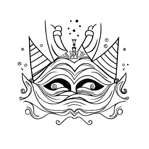 Two theatrical masks, one with a cheerful expression, underneath with a cunning one. Write "Convenient" next to it. tattoo design idea