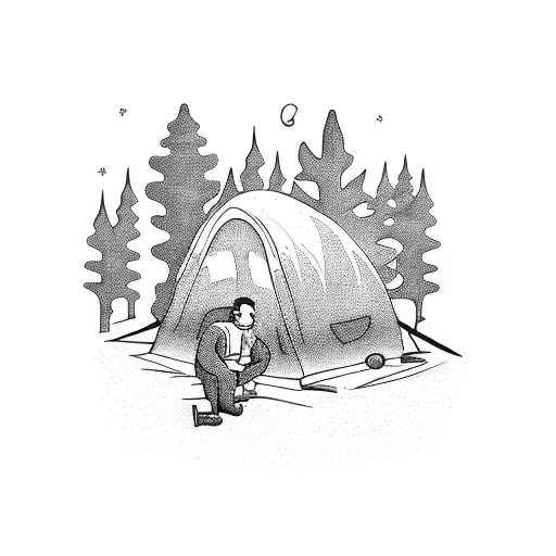 man alone thinking in front of a campfire in a forest  tattoo design idea