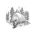 man alone thinking in front of a campfire in a forest  tattoo design idea