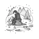 man alone thinking in front of a campfire in a forest  tattoo design idea