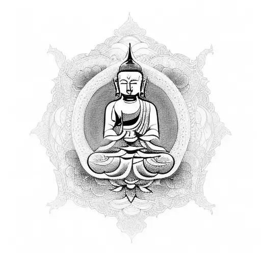 A mesmerizing tattoo design inspired by Buddhist art, combining intricate lines and shading to create a spiritual and artistic masterpiece. tattoo design idea