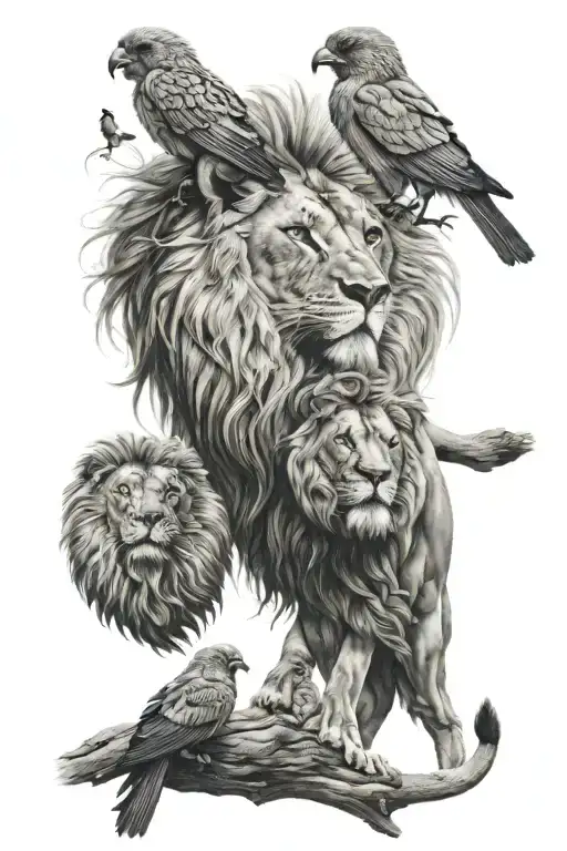 birds, lion,  tattoo design idea