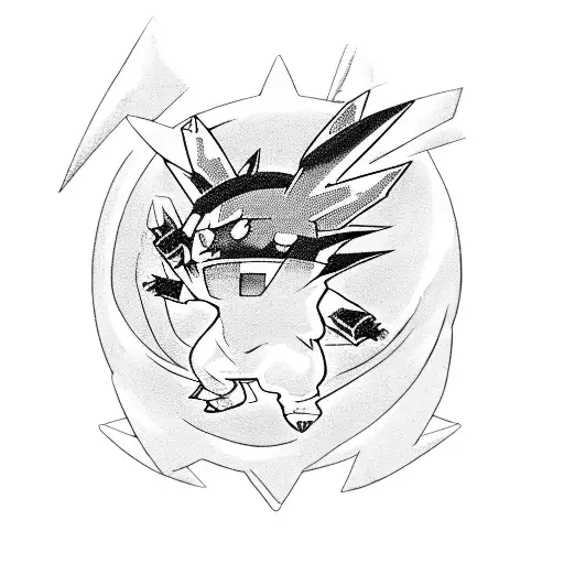 A futuristic fusion of Goku and Pikachu battling in a video game arena tattoo design idea