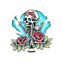 American traditional tattoo flash style simple skeleton sweeping up pieces of a broken heart  tattoo design idea