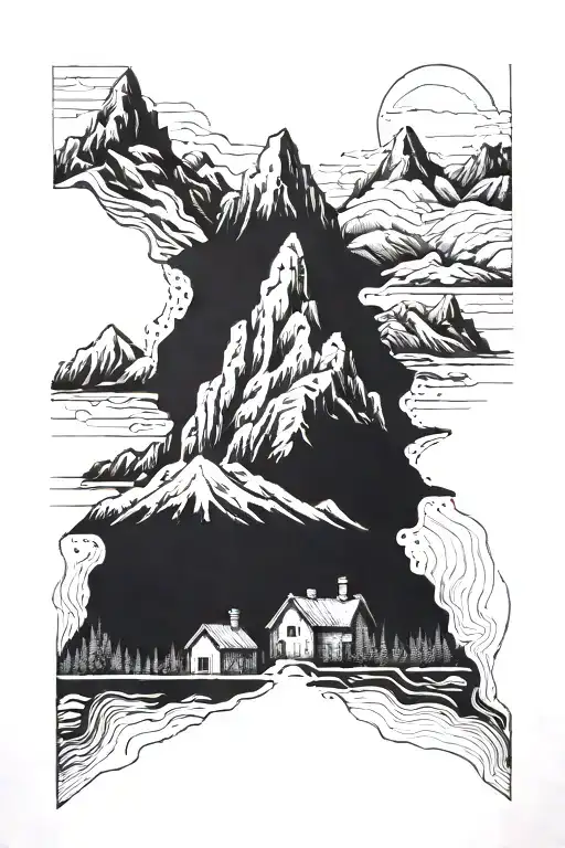 A detailed blackwork tattoo of a majestic mountain range with a hidden mining tunnel running through it tattoo design idea