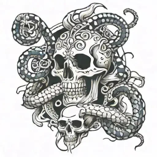 a skeleton, a snake, the world tattoo design idea