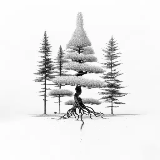 Red pine tree, life cycle, roots, community, intertwined, nature, rebirth, movement tattoo design idea