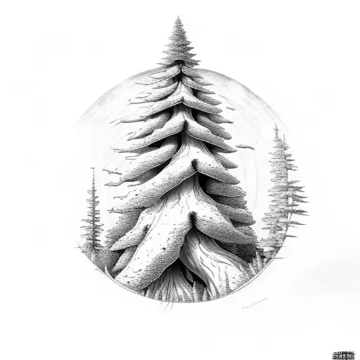 Red pine tree, symbolic, abstract, life cycle, roots, community,  nature, rebirth, movement tattoo design idea
