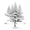 Red pine tree, cycle, roots, community, intertwined, nature, snow, rebirth, life tattoo design idea