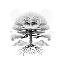 Red pine tree, cycle, roots, community, intertwined, nature, snow, rebirth, life tattoo design idea