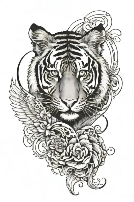 Tattoo, tiger with wings made of infinity symbol and hearts as eyes tattoo design idea