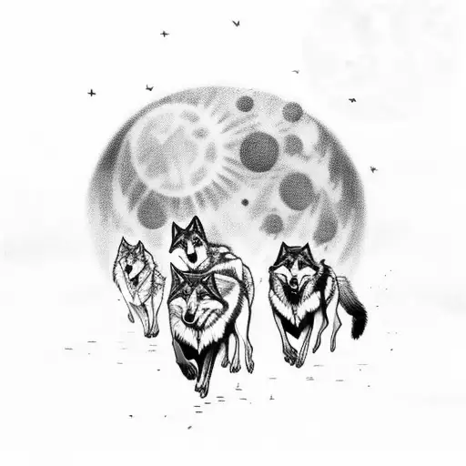 A pack of wolves running through a forest with the moon shining above tattoo design idea