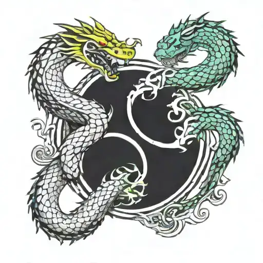 yin yang of it snake and dragon with katana tattoo design idea