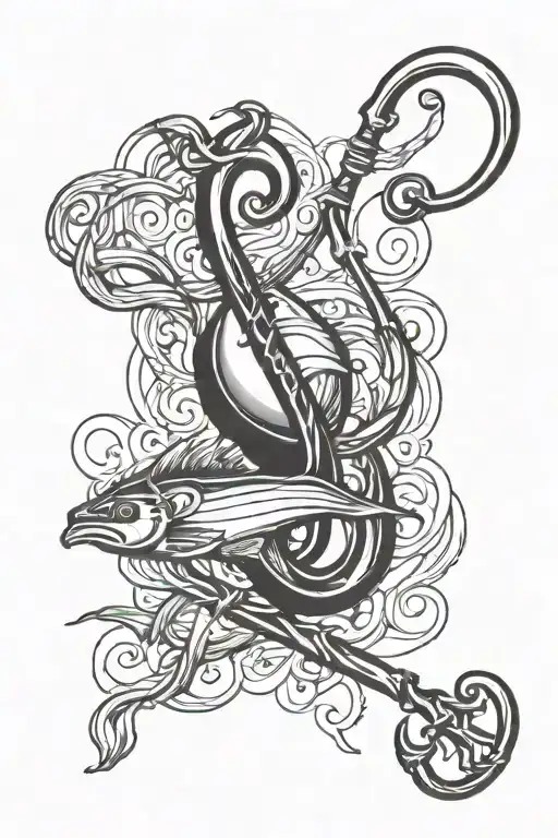 fishing hook with heart intertwined tattoo design idea