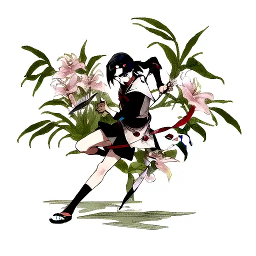 minato kunai knife with yhe dates 3/18, 2/14, and 12/07 in jirayas handwriting. incorporate lillies and itachi  tattoo design idea