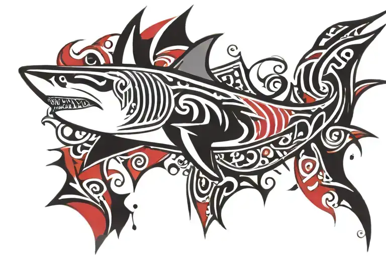 shark surrounded in black yellow and red flag tattoo design idea