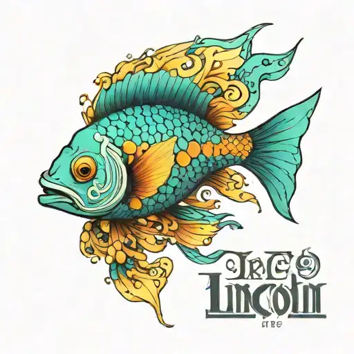 Create a tattoo of a fish using the colour's Orange blue green pink and yellow, with the name Lincoln written over it tattoo design idea