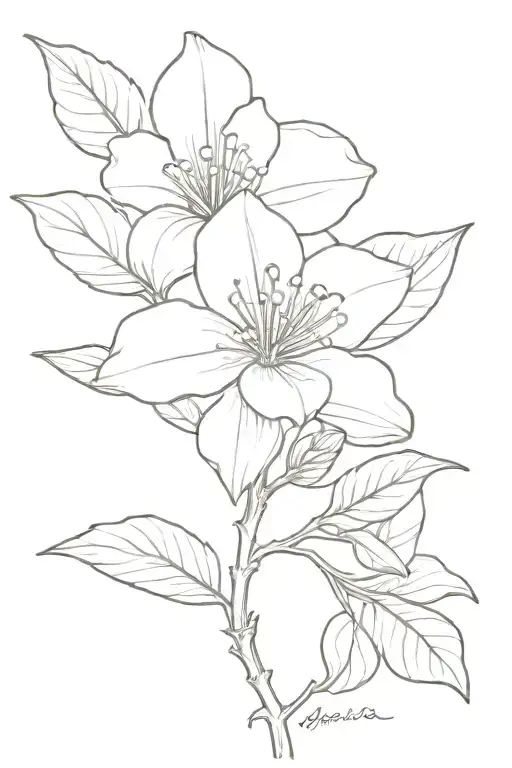 create a fine line art drawing of the may birth flower; hawthorne, as a single flower. tattoo design idea