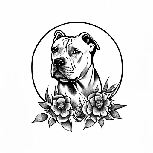 pitbull with flowers tattoo design idea