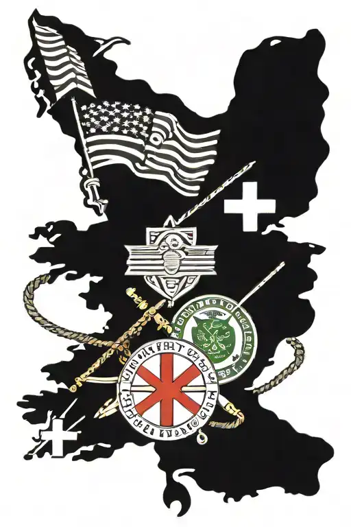 military collage tatoo that incorparates infantry blue cord, bradley fighting vehicle, us flag, british flag, irish flag tattoo design idea