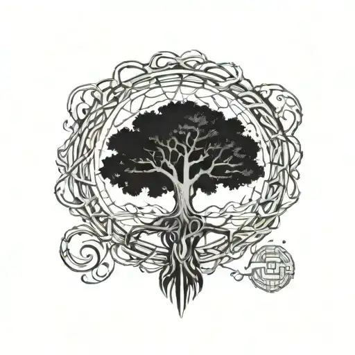 A blackwork tattoo of the World Tree Yggdrasil intertwined with the serpent Jormungandr, symbolizing the cycle of life and death in Norse mythology tattoo design idea