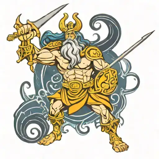 A new-school design featuring Poseidon, the Greek god of the sea, wielding his trident tattoo design idea