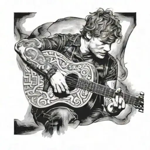 A detailed portrait of Ed Sheeran playing a guitar tattoo design idea