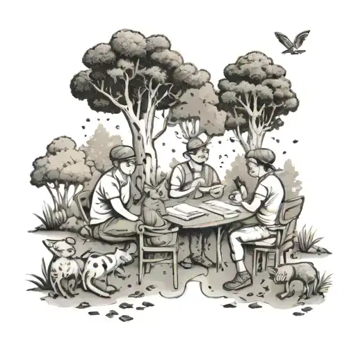 A whimsical scene of a teacher leading a class of animal students in a forest setting tattoo design idea