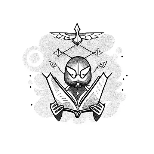 A valorant character holding a book with educational symbols in blackwork style tattoo design idea