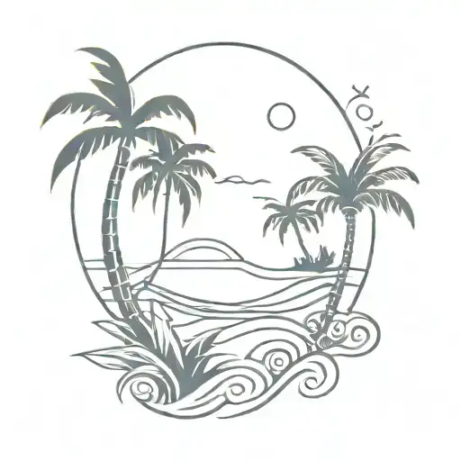 palm tree, sun, wave, pineapple, coconut, sea turtle and surf board  tattoo design idea