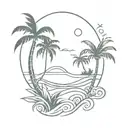 palm tree, sun, wave, pineapple, coconut, sea turtle and surf board  tattoo design idea
