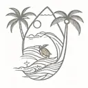palm tree, sun, wave, pineapple, coconut, sea turtle and surf board  tattoo design idea