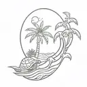 palm tree, sun, wave, pineapple, coconut, sea turtle and surf board  tattoo design idea