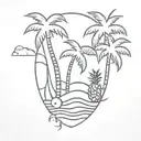 palm tree, sun, wave, pineapple, coconut, sea turtle and surf board  tattoo design idea