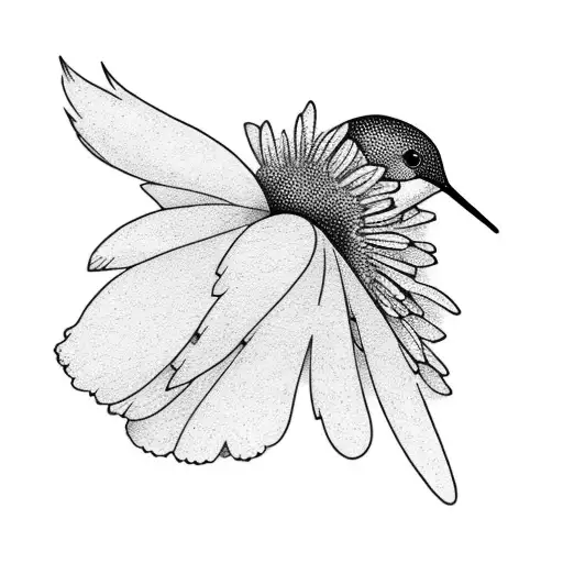 A delicate blackwork tattoo of a tiny hummingbird sipping nectar from a flower, symbolizing finding beauty in the little things tattoo design idea