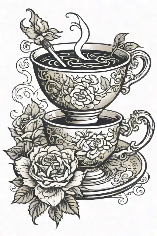 monocle falling into a cup of tea cup with steam. cup standing in roses tattoo design idea