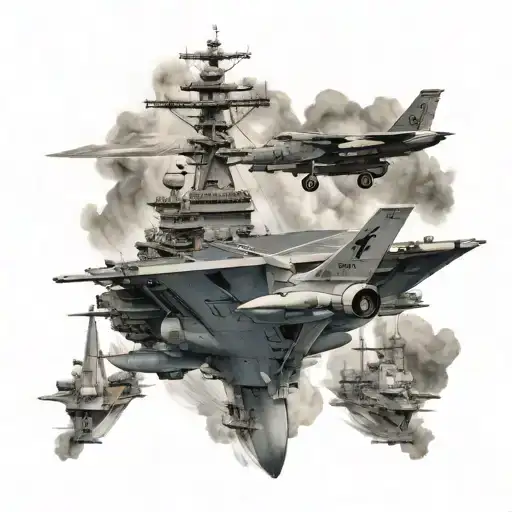 USS Carl Vinson aircraft carrier with plane soaring tattoo design idea