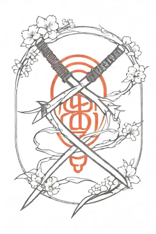 Katana sword, red sun, Japanese word, red and black, sakura tattoo design idea