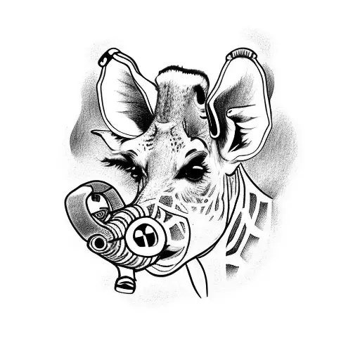 tattoo design of a giraffe wearing roller skates, behind it pulling a pig on a bike wearing a bowler hat. make it vintag tattoo design idea