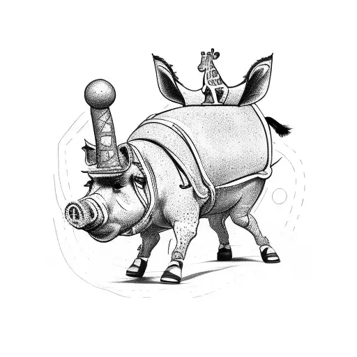 tattoo design of a giraffe wearing roller skates, behind it pulling a pig on a bike wearing a bowler hat. make it vintag tattoo design idea