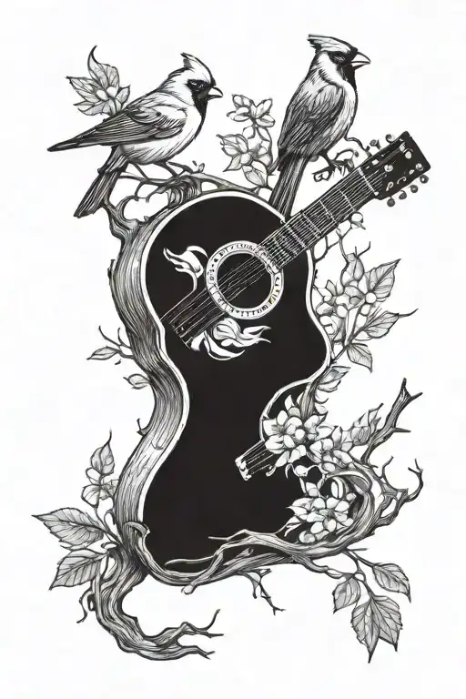 guitar and cardinal bird in the woods  tattoo design idea