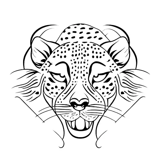 Dorsal view of cheetah pouncing vertically with face pointing down to right and tail pointing up to left simple patchwor tattoo design idea
