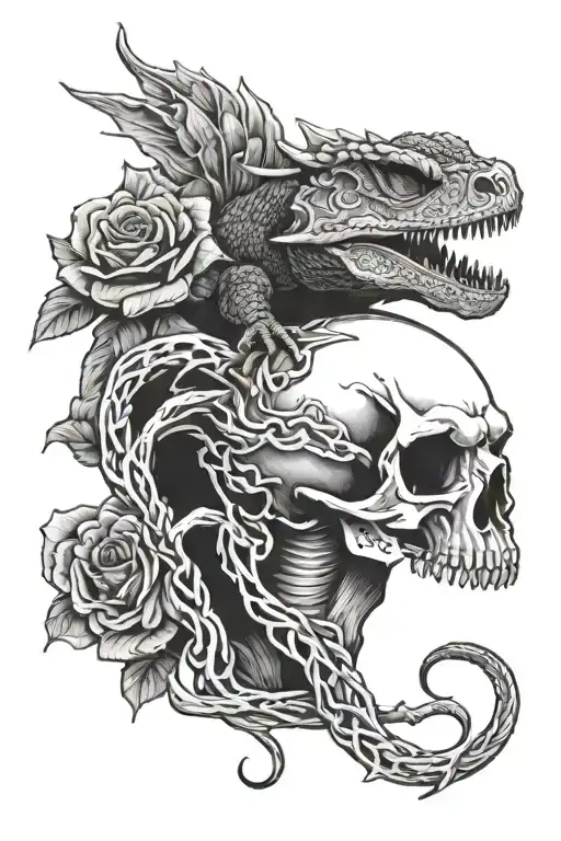skull and roses intertwined with bearded dragon breathing fire tattoo design idea