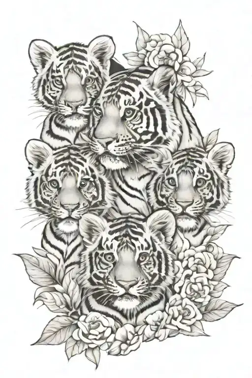 3 baby tigers 1 adult tiger with floral background tattoo design idea