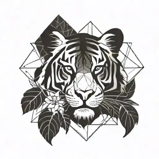 A geometric floral arrangement incorporating the silhouette of a tiger tattoo design idea