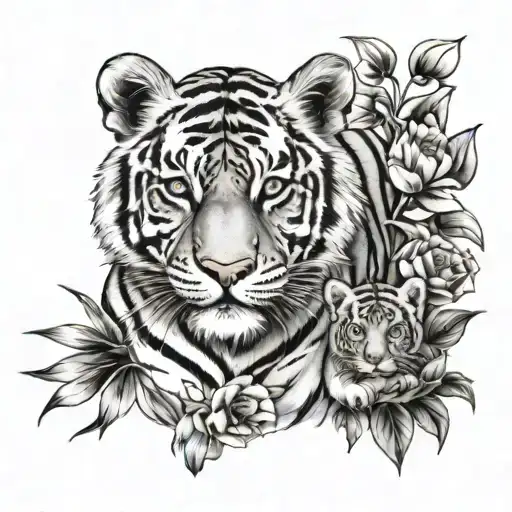 3 baby tigers 1 adult tiger with floral background tattoo design idea