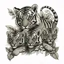 3 baby tigers and 1 adult tiger with floral background tattoo design idea