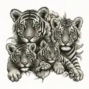 3 baby tigers and 1 adult tiger with floral background tattoo design idea